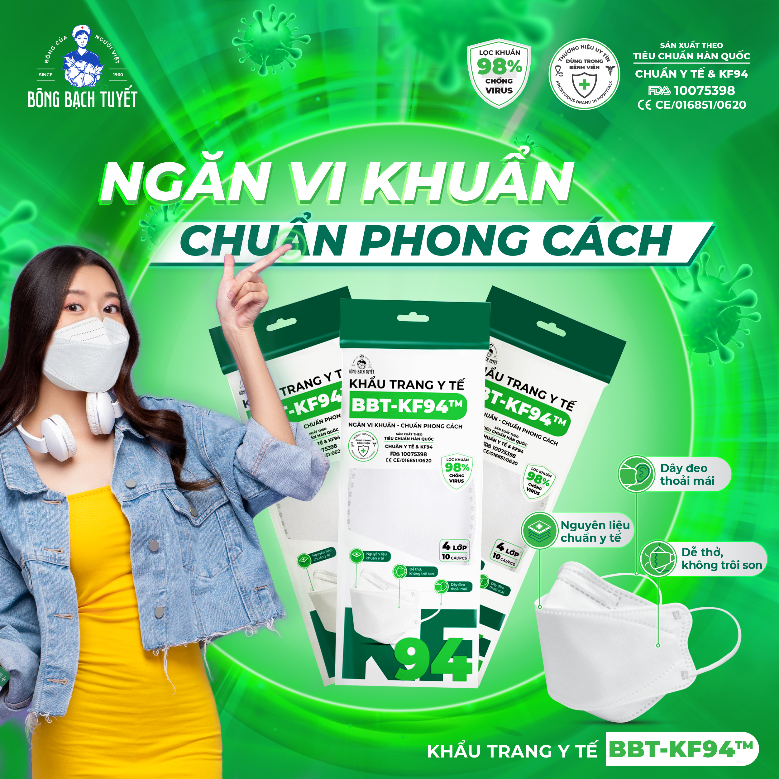 Combo 10 Gói Khẩu trang Bông Bạch Tuyết KF94 4 lớp trắng