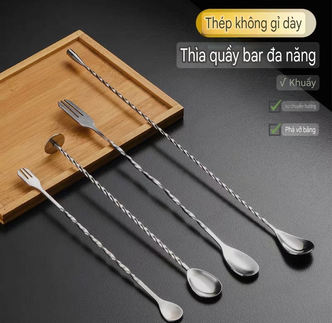 Thìa khuấy quầy pha chế quầy bar nhiều mẫu &amp; size thìa - thanh 2 đầu 32cm - thìa thanh 2 đầu 26cm - thìa giọt nước 30cm - thìa hình chứ D 28cm