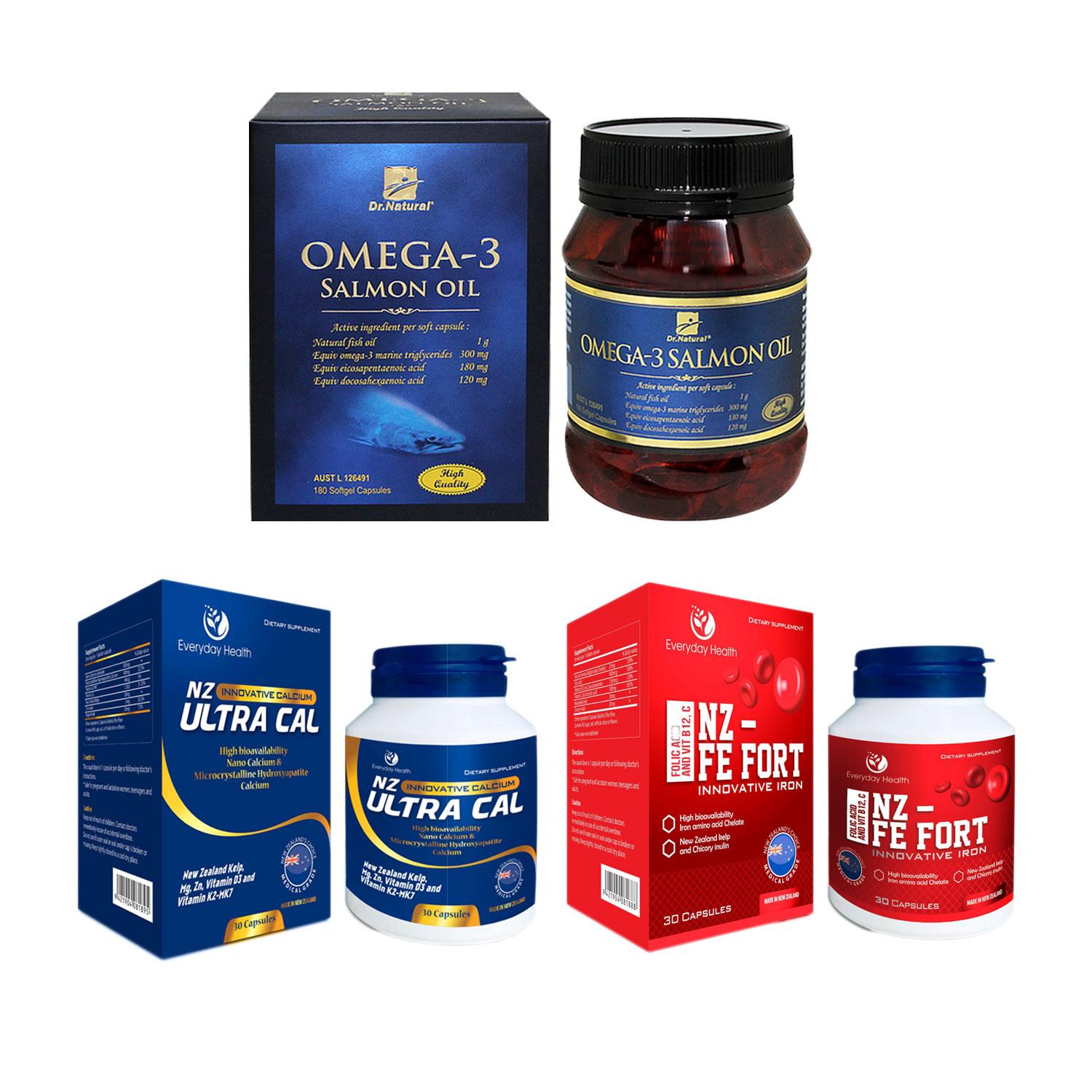 Bộ sản phẩm Sắt, Canxi, DHA cho mẹ bầu nhập khẩu chính hãng gồm: Viên sắt hữu cơ NZ FE FORT , viên canxi hữu cơ NZ ULTRA CAL và viên omega 3 dầu dầu cá hồi OMEGA 3 SALMON OIL