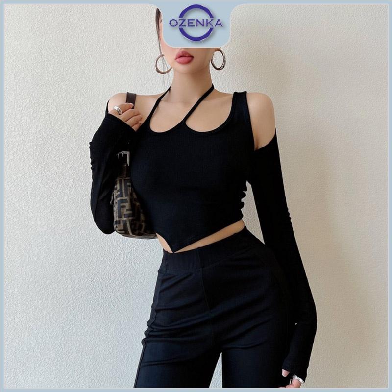 Set áo croptop tay dài hở vai áo ba lỗ nữ vạt nhọn OZENKA , áo crt ôm body gợi cảm mềm mịn thấm hút mồ hôi