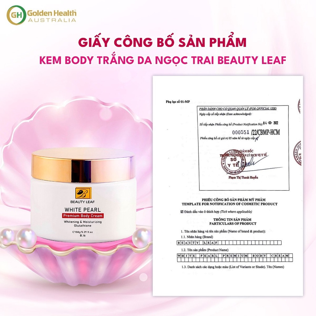 [GOLDEN HEALTH] Kem Dưỡng Trắng Da Body Ngọc Trai Golden Health Beauty Leaf 150g,Giúp Da Mềm Mịn,Bật Tone Trắng Hồng Tự Nhiên