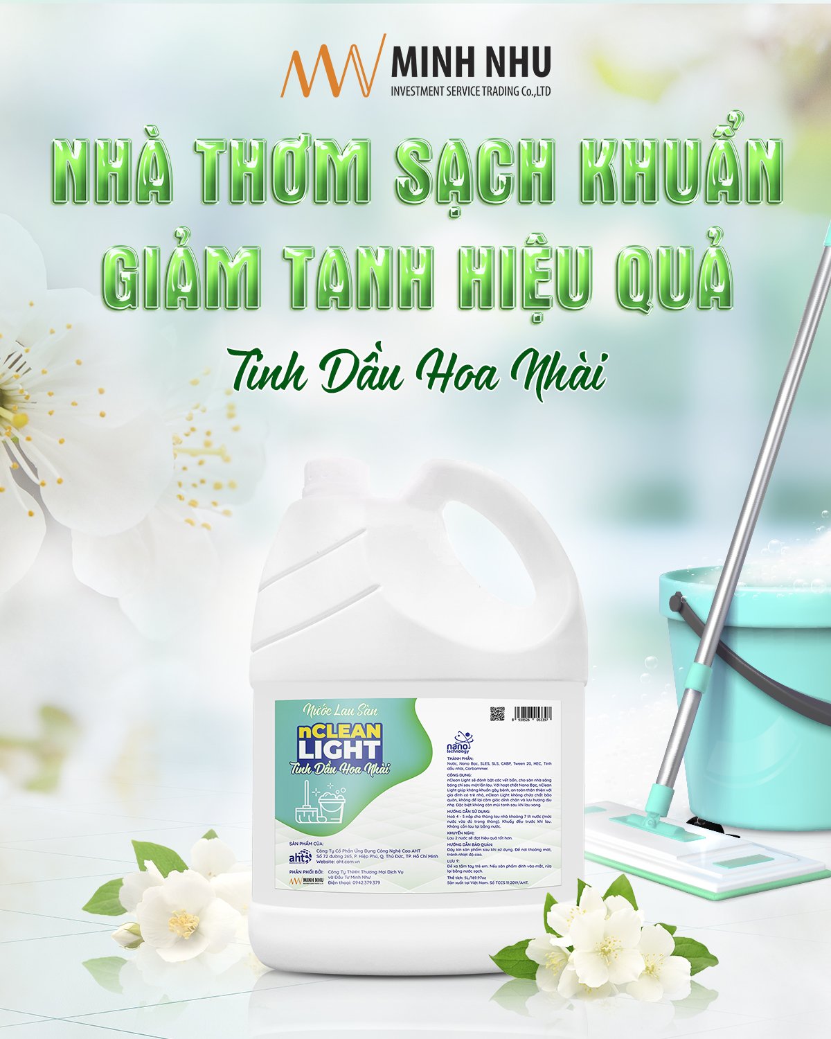 Nước lau sàn diệt khuẩn Nano bạc nClean Light - can 5 lít