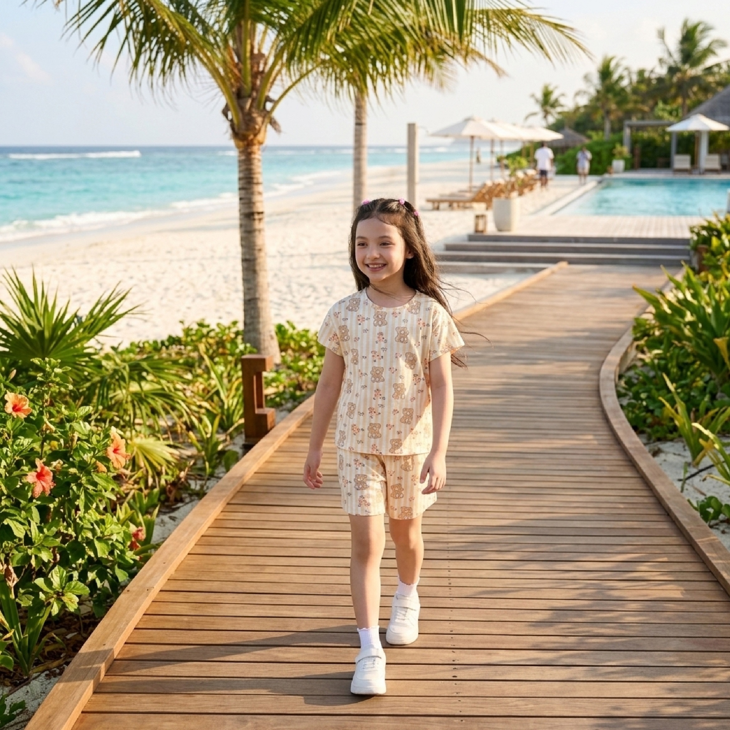 Bộ quần áo bé gái Bigfox Miss Meow mặc nhà mùa hè vải cotton in gấu hoa size đại trẻ em 3-11 tuổi