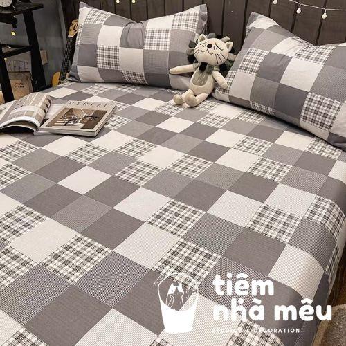 Bộ Chăn Ga Gối Cotton Livingm6/m8/2m-Tiệm Nhà MêuSet 4 Món 2 Vỏ gối ,drap , vỏ chăn Cotton 100% Caro Xám