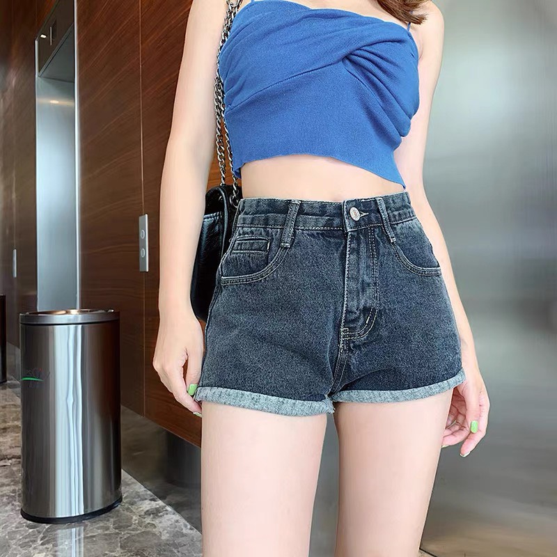 Quần short jean nữ BigSize lưng cao trên rốn, co dãn mạnh, xăn lai, phom ống rộng dành cho người béo 60kg~90kg 3825