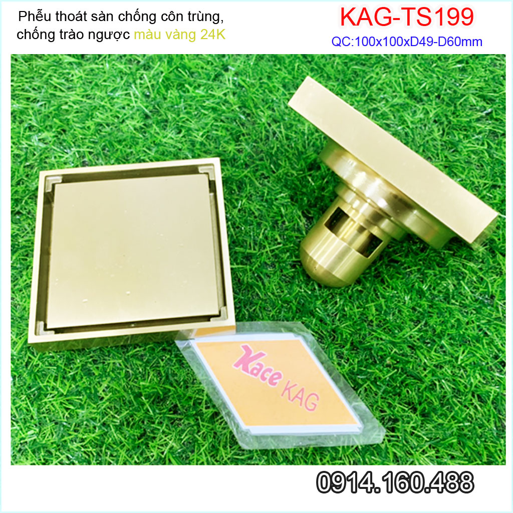 Thoát sàn vàng 24K KAG-TS199 vuông 10x10cm ống D49-60-90, thoát sàn chống hôi phễu thu nước mặt vàng óng ánh thiết kế sang trọng sử dụng tốt