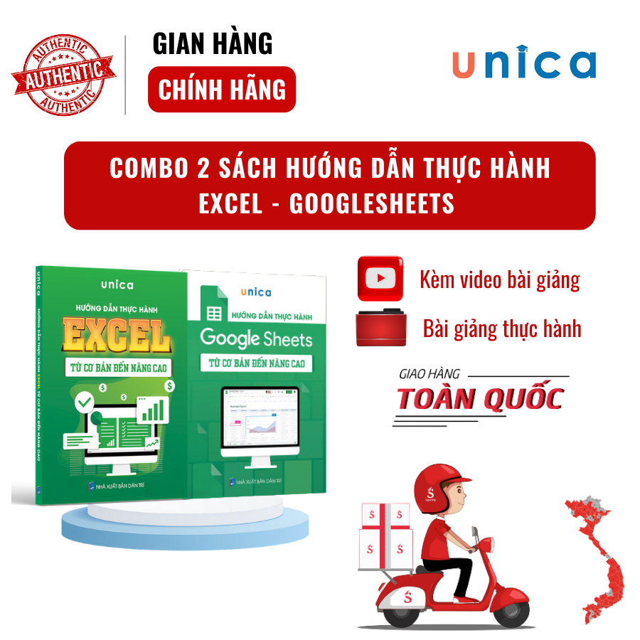 Combo 2 sách Excel - Google sheet Tin học văn phòng Unica, Hướng dẫn thực hành từ cơ bản đến nâng cao, in màu chi tiết, TẶNG video bài giảng