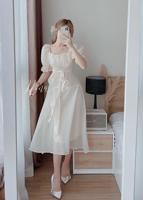 Đầm Voan Chinhfon Tay Phồng Xếp Ly Ngực Xinh Xắn