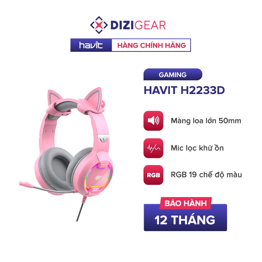 Tai Nghe Mèo HAVIT H2233D, Driver 50mm, Đèn LED RGB, Mic Khử Ồn - Hàng Chính Hãng