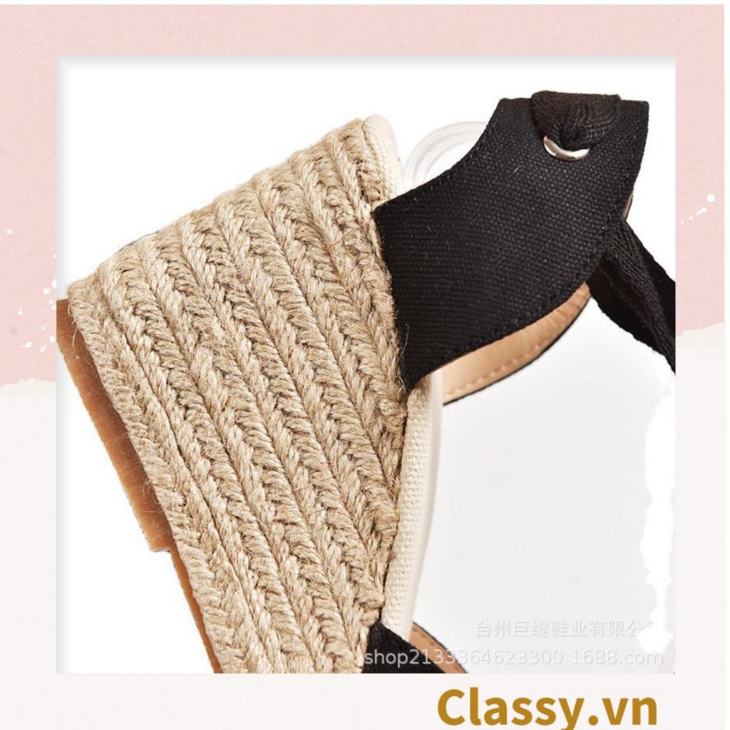 Giày cói Classy đế xuồng đế cói cao 8 CM buộc nơ, đi dạo phố, đi biển