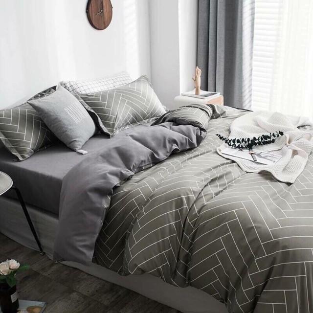 Bộ Chăn Ga Gối Cottong Kẻ Chéo Xám