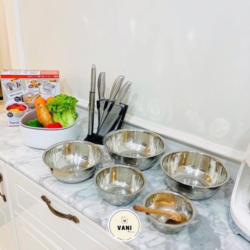 Bộ 5 thau inox cao cấp có chia vạch chuyên dụng cho nhà bếp - Set 5 thau chậu rửa rau củ quả, chế biến thực phẩm đa năng