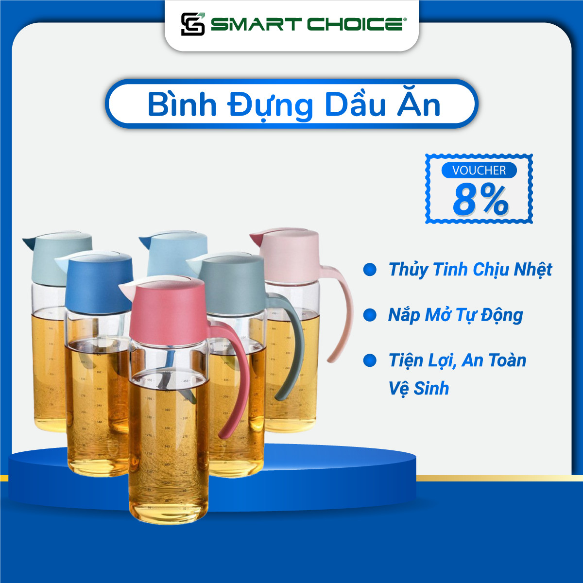 Chai Đựng Dầu Ăn SMARTCHOICE 450ml Nắp Hồng, Bình Đựng Dầu Ăn, Nước Mắm Thủy Tinh Cao Cấp Có Nắp Mở Tự Động