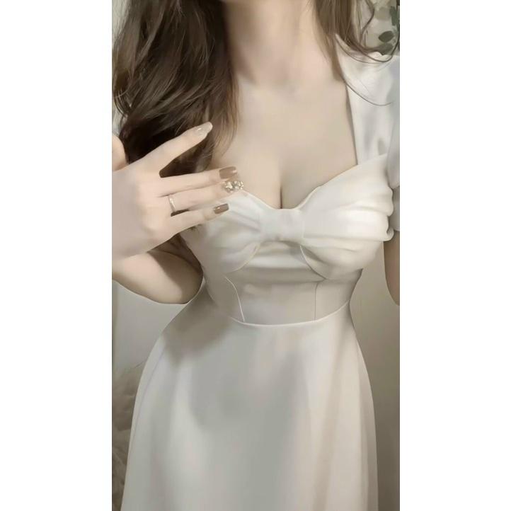 Đầm Dự Tiệc Trắng Chất Lụa Mango Mịn 2 Lớp Full Lót Thiết Kế Tay Ngắn Bồng Cổ Nơ Dáng Dài Maxi UC-1B15-4542