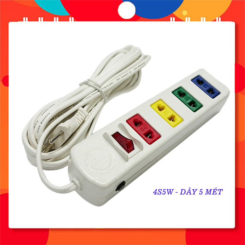 Ổ cắm điện LIOA phổ thông, 2200W, 4 ổ cắm 2 chấu, 1 công tắc, dây dài 5M, 4S5W, màu trắng