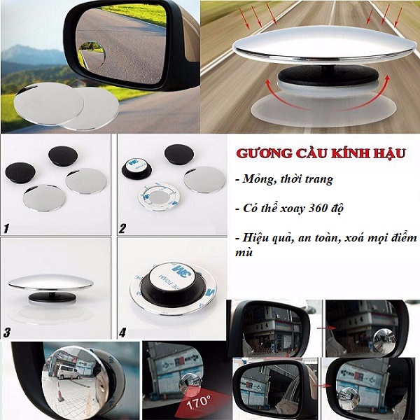 Bộ 2 Gương Cầu Lồi Gắn Kính Hậu Ô Tô Xoay 360 - Gương Cầu Mini Xóa Điểm Mù Ô Tô, Xe Hơi