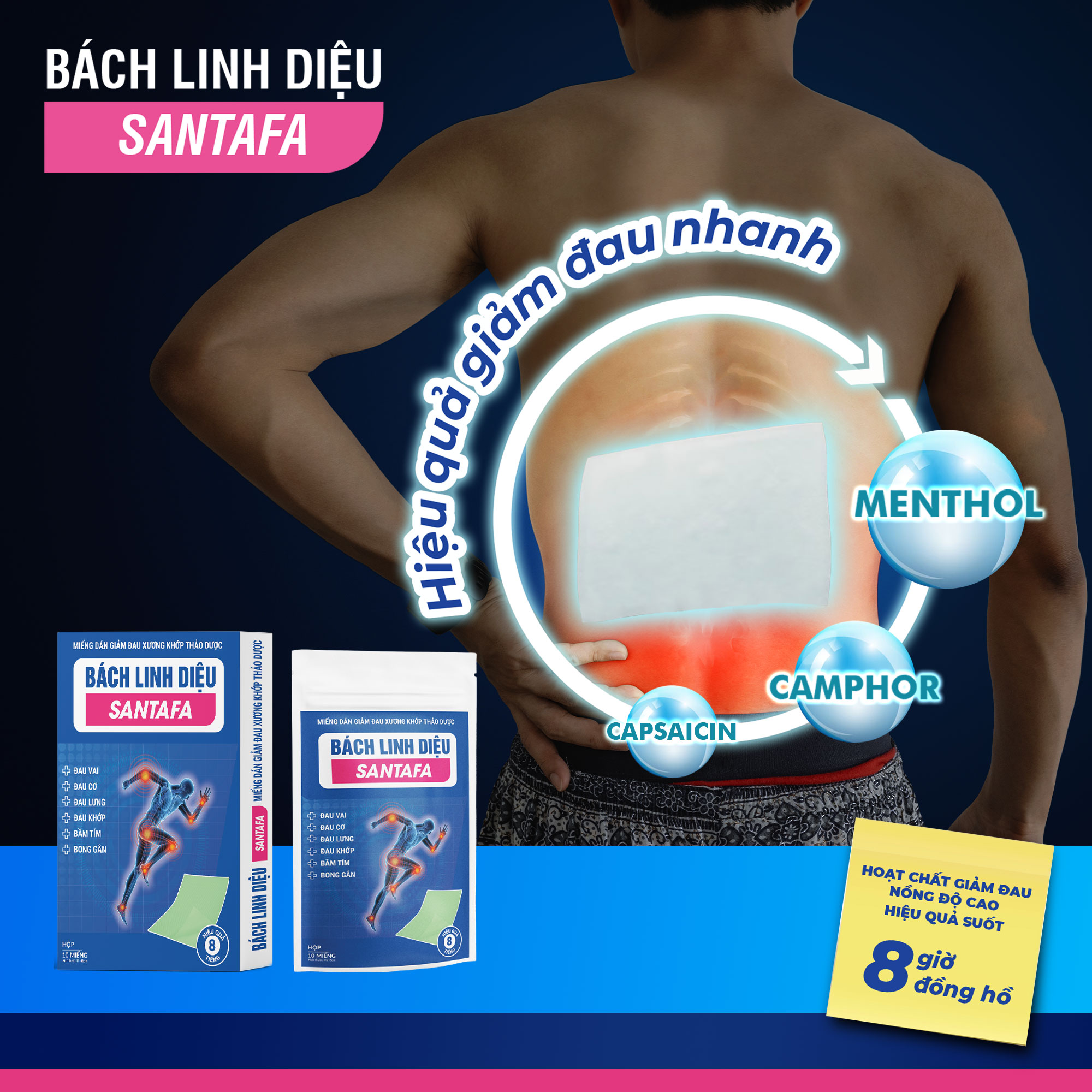 Miếng dán giảm đau thảo dược Bách Linh Diệu Santafa - Hộp 10 miếng