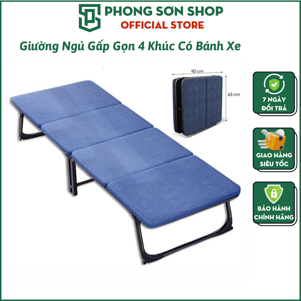 Giường xếp văn phòng 4 khúc Giường gấp di động PeHouse chịu trọng lượng tới 300 cân, chân giường có bánh xe giúp di chuyển dễ dàng, có sẵn đệm, gấp gọn chỉ dày 20cm - MBC2101 Hàng Chính Hãng Phong Sơn Shop