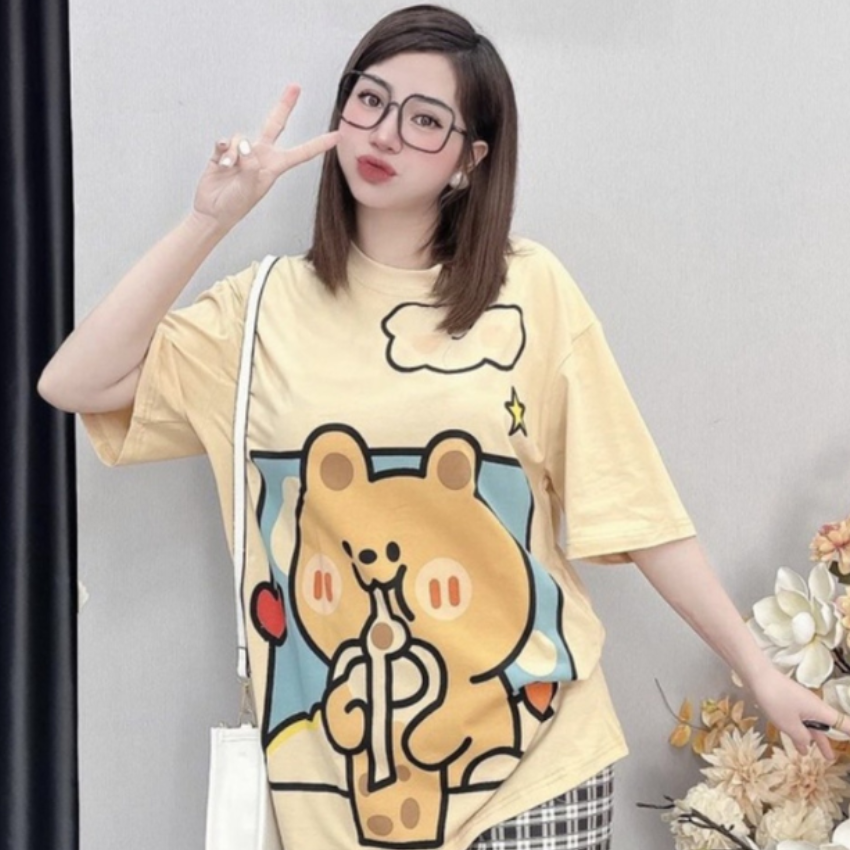 Sét Bộ Nữ SS22, Sét Đồ Nữ Đi Chơi Đẹp In Gấu Vàng, Sét Áo Vải Cotton, Hình In Sắc Nét Và Quần Kẻ Đen Cá Tính