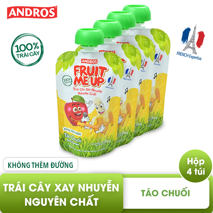 Trái Cây Xay Nhuyễn Nguyên Chất Andros Fruit Me Up  - Táo Chuối - Hộp 4 Túi (90g x 4)