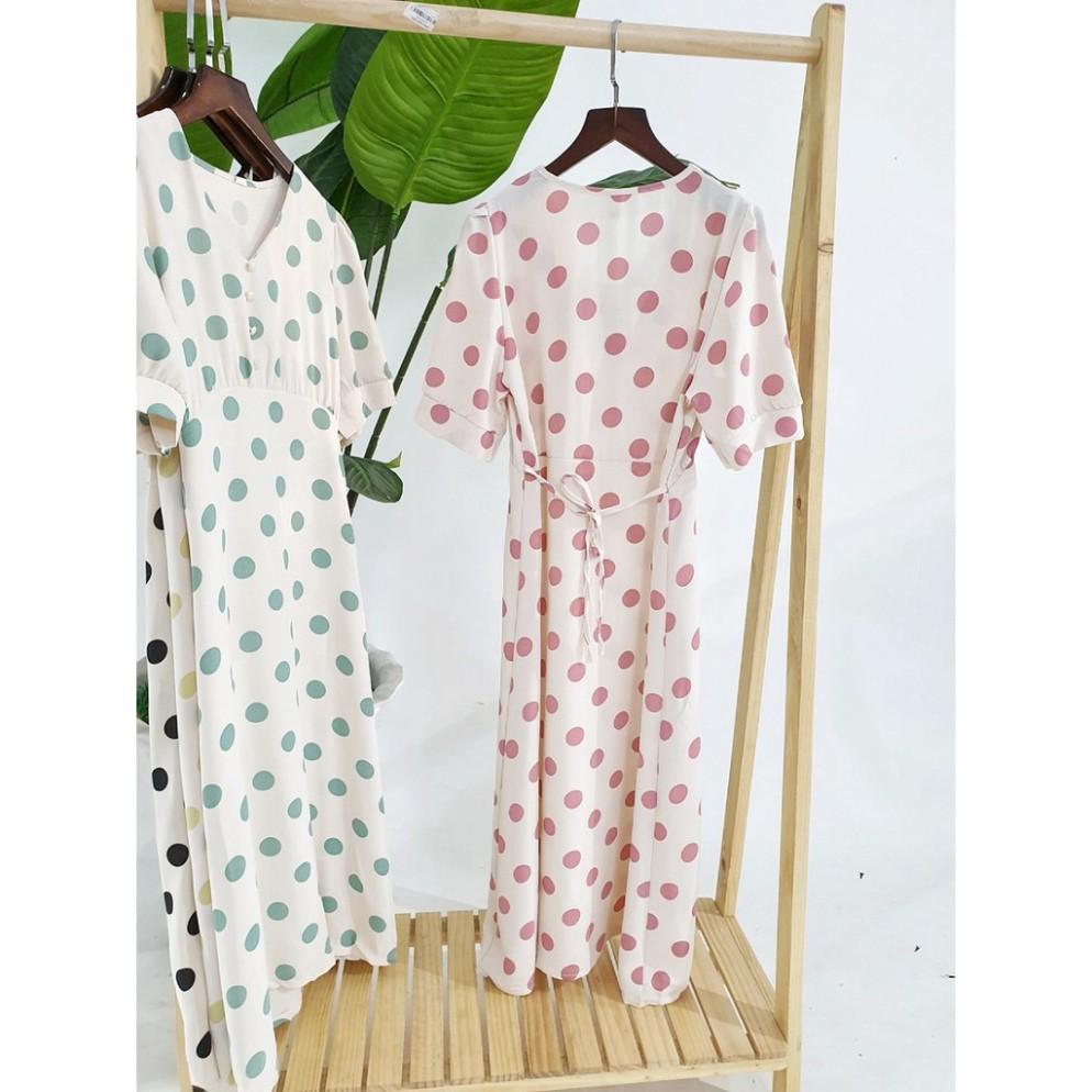 Maxi tay ngắn chấm bi cổ tim đính 4 nút trai (hình shop tự chụp) /hình shop tự chụp