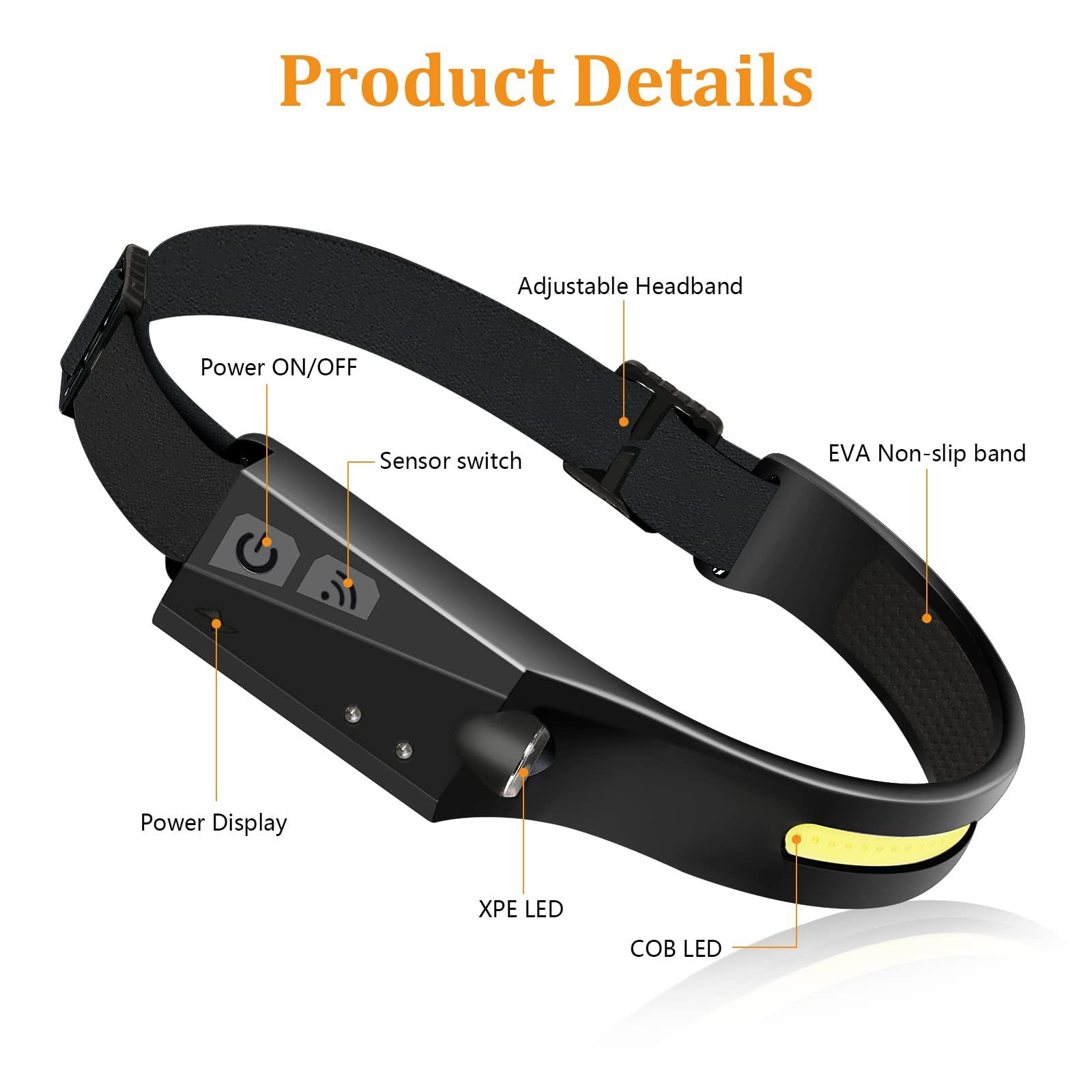 Đèn phía trước, 5 mô -đun Cob XPE Đèn LED chống thấm Đèn LED LED SECHARGEGE LED với cảm biến nhạy cảm, đèn phía trước mạnh mẽ cho cuộc đua, khu cắm trại, đạp xe, đi bộ đường dài, câu cá