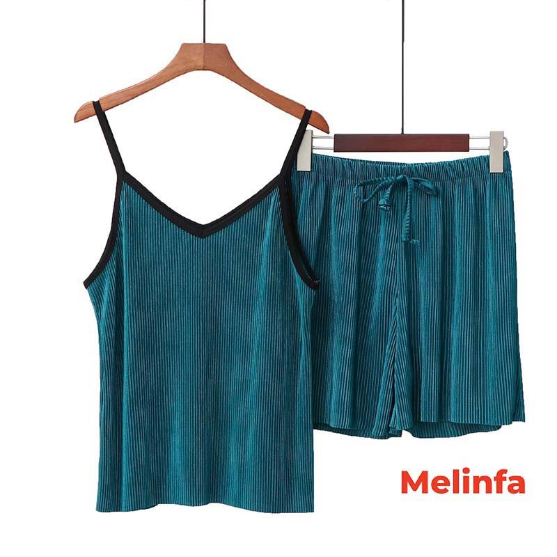 Bộ đồ ngủ nữ, bộ mặc nhà áo hai dây lụa lạnh cổ V, quần short basic trơn nhiều màu mã VABD0116