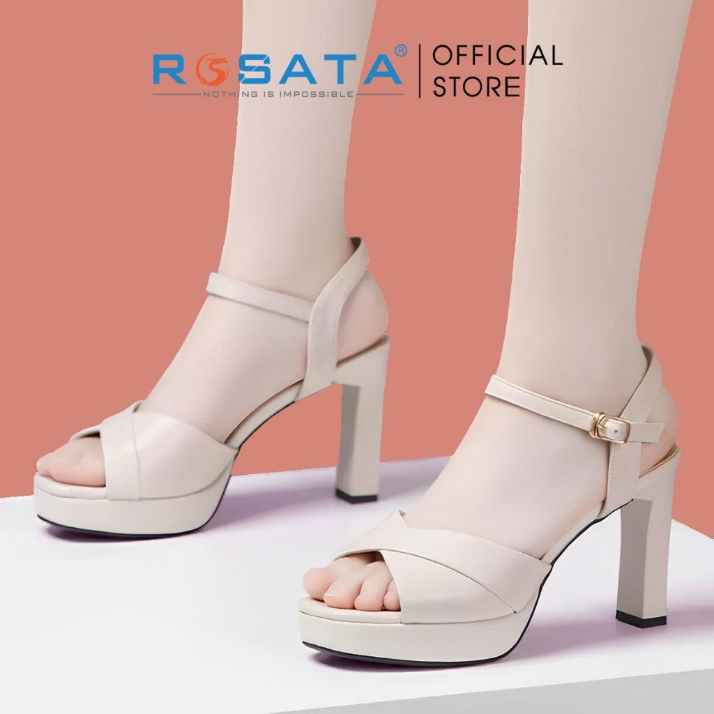 Giày sandal cao gót nữ đế dẹp 8 phân mũi tròn quai hậu cài khóa dây mảnh ROSATA RO598 ( Bảo Hành 12 Tháng ) - KEM