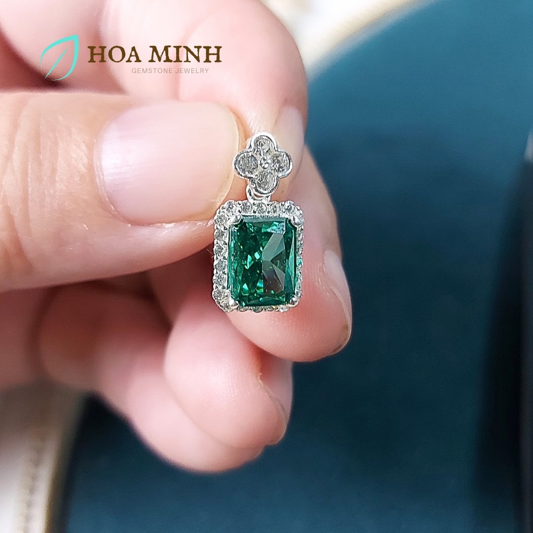 Mặt dây xoàn Nam Phi xanh lá bọc xoàn size 8x10 li kiều diễm, sang trọng