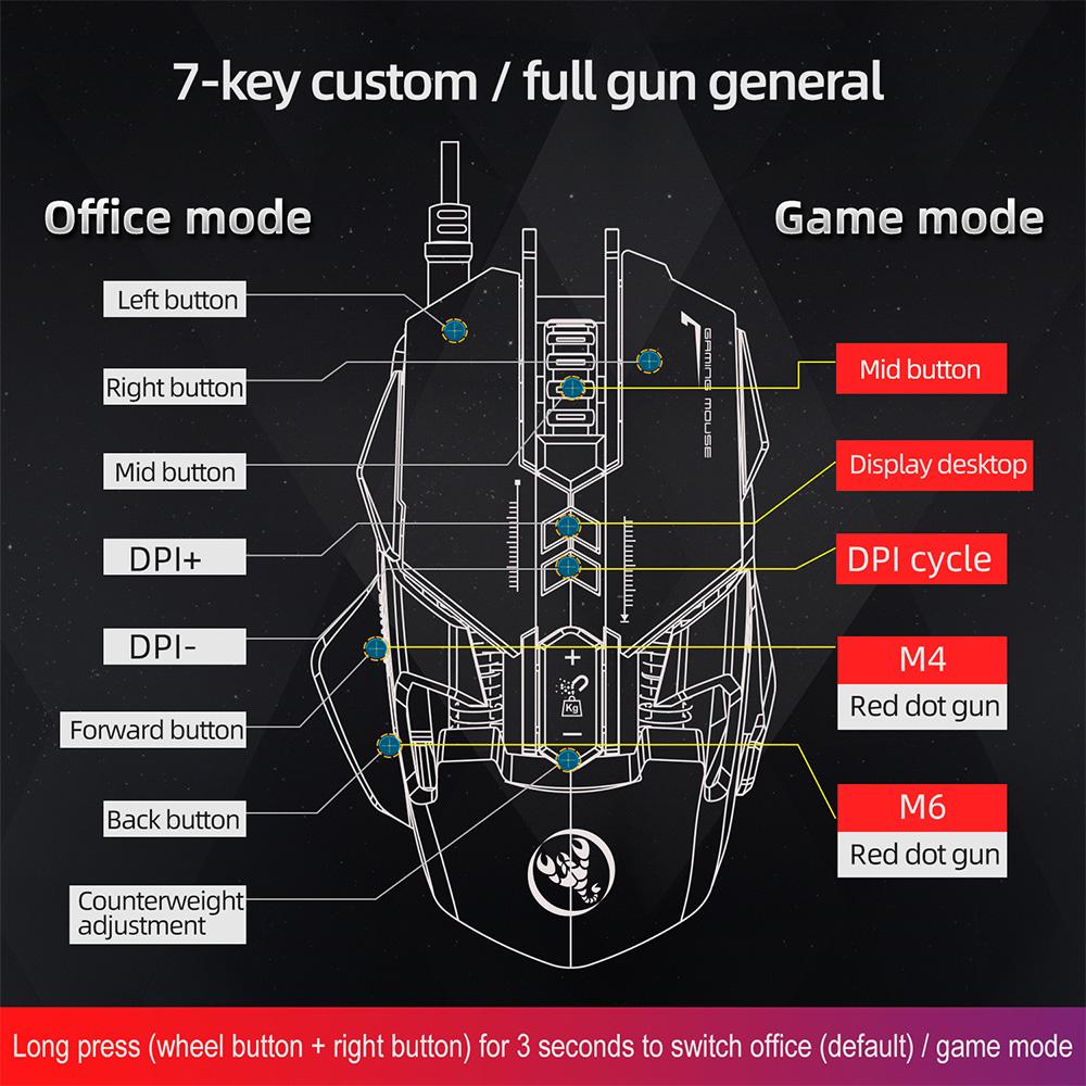 Chuột chơi game có dây HXSJ J800 lập trình macro bảy phím với sáu DPI có thể điều chỉnh Hiệu ứng ánh sáng RGB đầy màu sắc