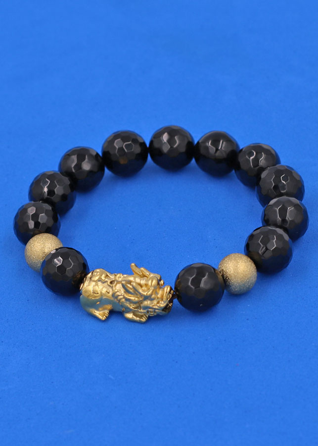 Vòng tay Thạch Anh Đen Cắt Giác 12 ly - cẩn Tỳ Hưu Phong Thủy inox vàng VTAEGTHHBV12 - hợp mệnh Mộc, mệnh Thủy