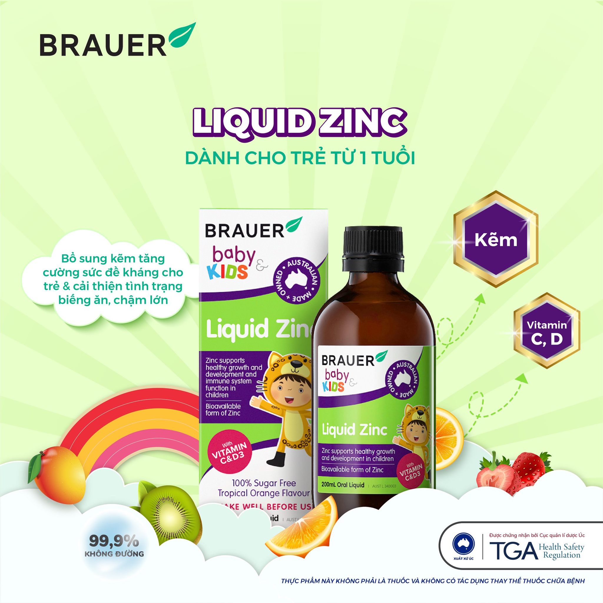 Kẽm giảm biếng ăn cho trẻ 1 - 13 tuổi Brauer Zinc Úc hỗ trợ trẻ ăn ngon, hấp thụ tốt, ngủ ngon, tăng sức đề kháng, phát triển tốt - OZ Slim Store