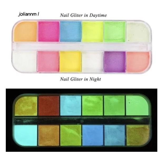 Khay 12 Màu Bột Dạ Quang Mini Trang Trí Nail - Trường Thịnh Sài Gòn