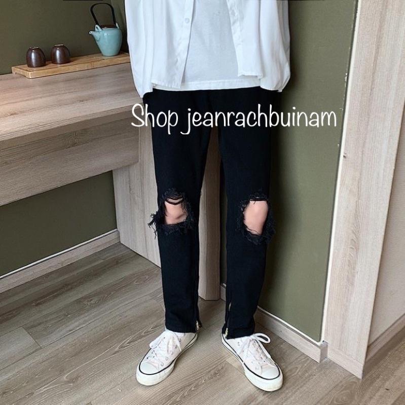 Quần Jean Nam Rách Tròn Đầu Gối Kèm Khóa Zip Cực Chất