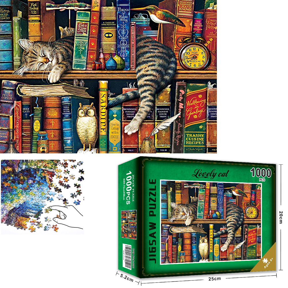 Bộ Tranh Ghép Xếp Hình 1000 Pcs Jigsaw Puzzle (Tranh ghép 70*50cm) Giá Sách Mèo Bản Thú Vị Cao Cấp