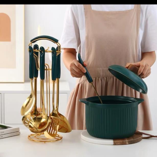 Bộ môi xẻng nhà bếp 6 món màu inox vàng cán sứ xanh cổ vịt phong cách Châu Âu sang chảnh