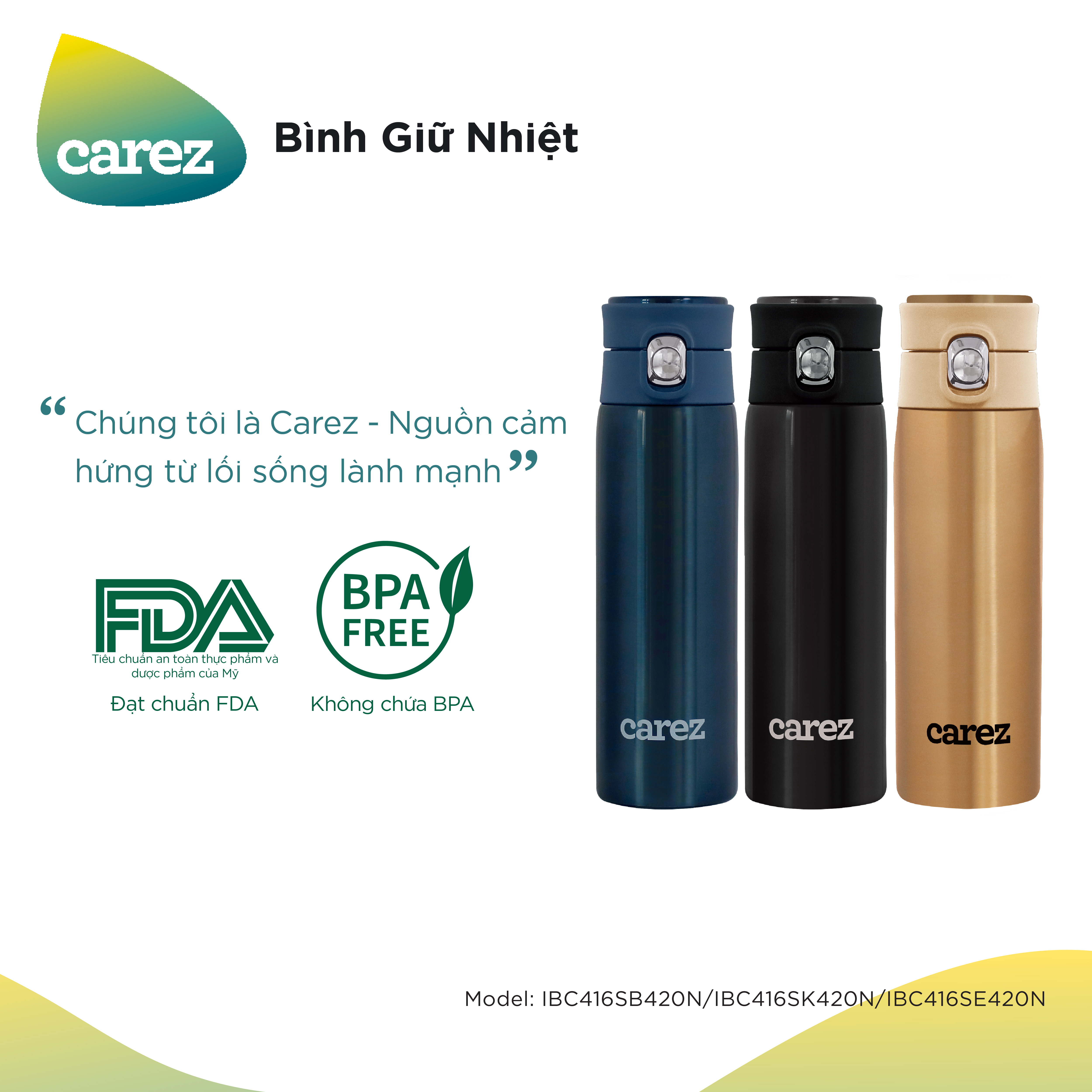 Bình Giữ Nhiệt Carez IBC416SB420N - Xanh- 420ml, Inox 316, Không chứa BPA - Giữ nóng đến 7 tiếng, giữ lạnh đến 18 tiếng - Hàng chính hãng