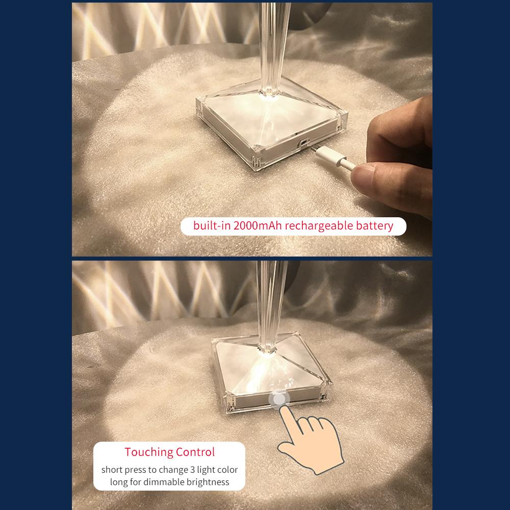 Đèn bàn acrylic kim cương 3 màu chiếu sáng có thể sạc USB điều khiển cảm ứng