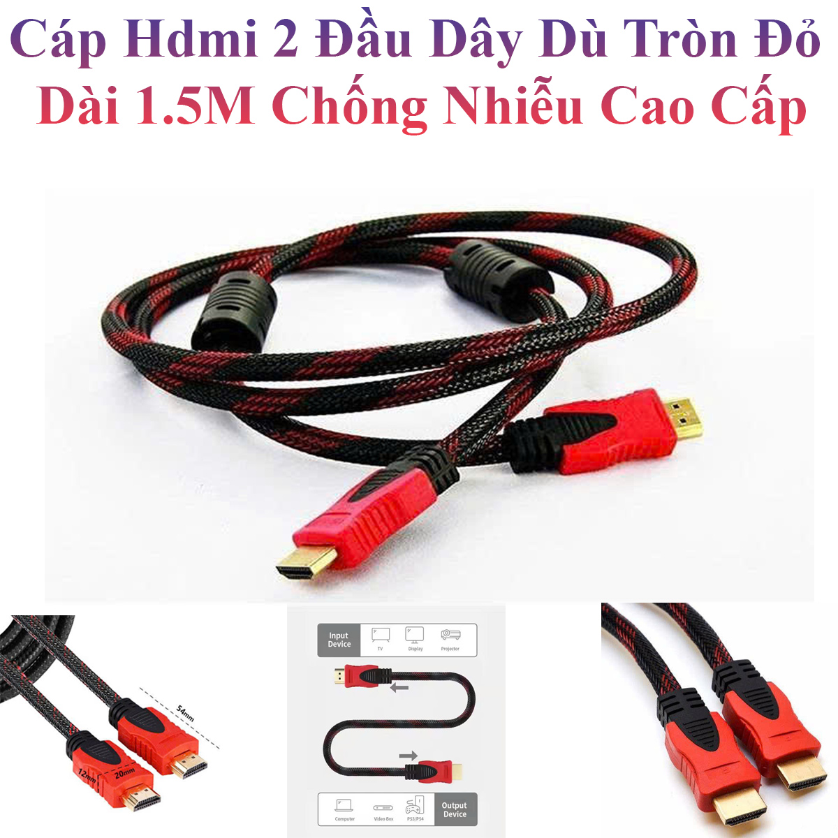 Cáp Hdmi 2 Đầu Dây Dù Tròn Đỏ Dài 1.5M Chống Nhiễu Cao Cấp