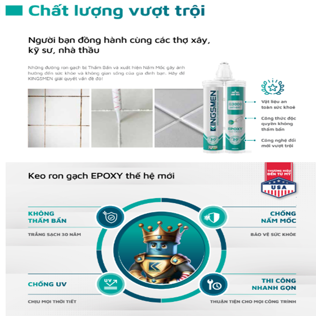 Keo Ron Gạch Epoxy G5000 - Dành cho nhà tắm, bếp  - Thế Hệ Mới Kingsmen. RON GẠCH TRẮNG SẠCH 30 NĂM - Keo Ron gạch 2 thành phần