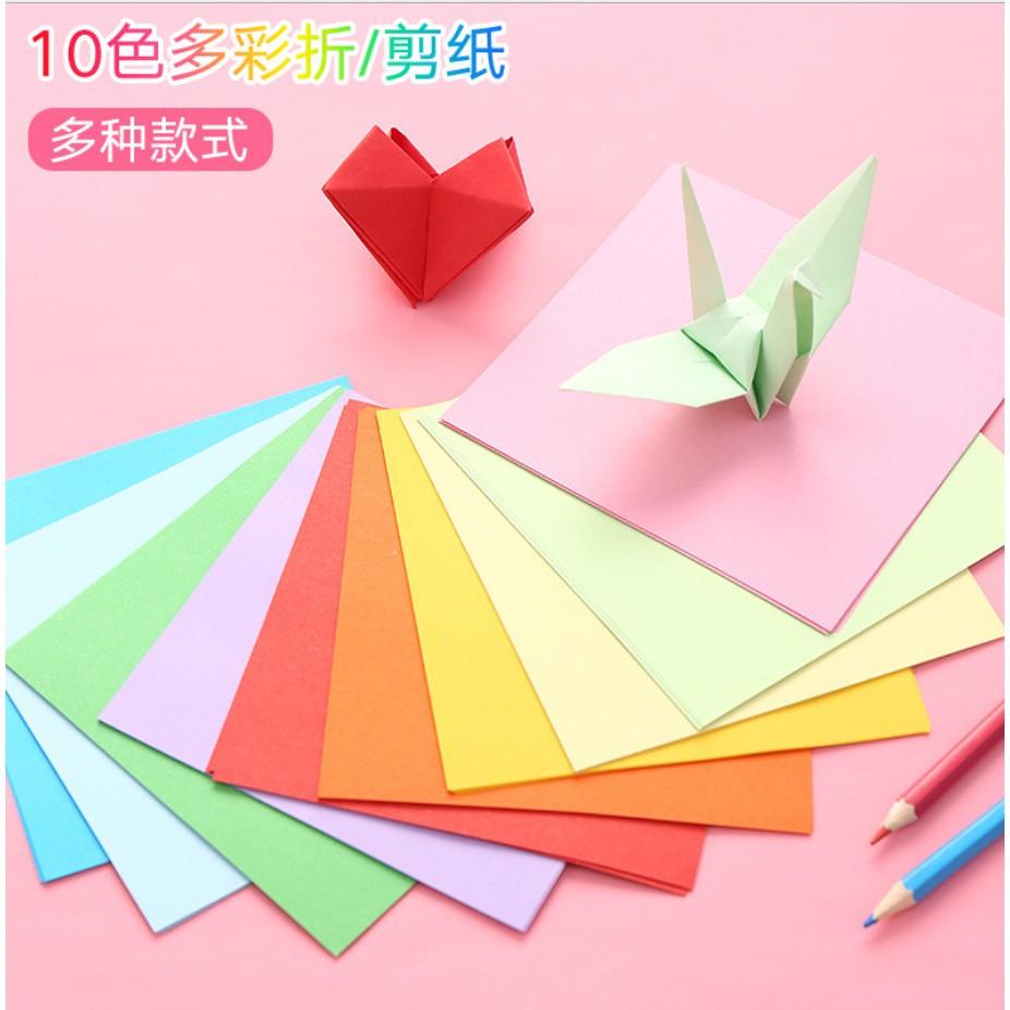 Tệp 100 tờ giấy gấp Origami, giấy thủ công gấp hạc hoa ( 10 màu tổng 100 tờ) nhiều kích thước