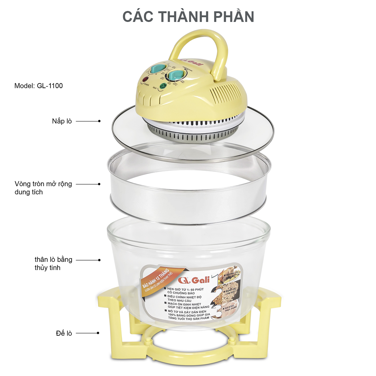 Lò nướng thủy tinh đa năng Gali GL-1110 17 lít 1300w, hàng chính hãng bảo hành 24 tháng, tặng kèm 10 phụ kiện tiện lợi.