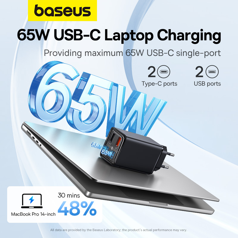 Sạc Nhanh OS-Baseus GaN6 Pro Fast Charger 2C+2U 65W (Chân cắm dẹp, Kèm cáp C to C 100W, 1m) - Hàng Chính Hãng