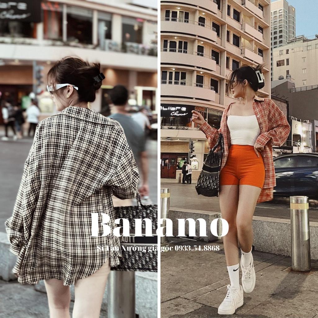 Hình ảnh Áo sơ mi nữ kẻ caro dáng rộng vạt đuôi tôm thời trang Banamo fashion sơ mi kẻ 2 màu 3921
