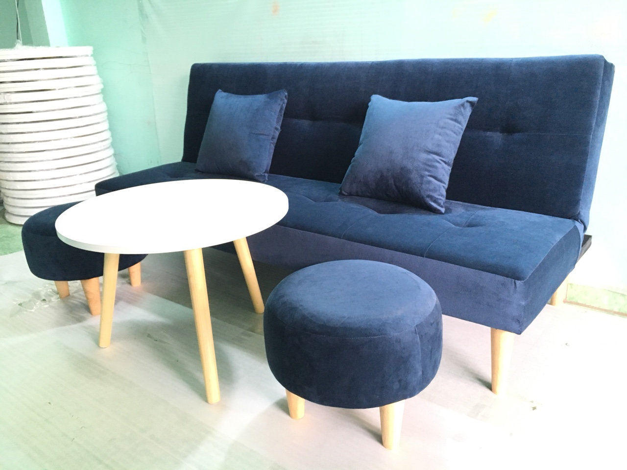 Bộ set sofa bed xanh dương đậm nhung Gvs2DvsB XDDN, sofa giường phòng khách