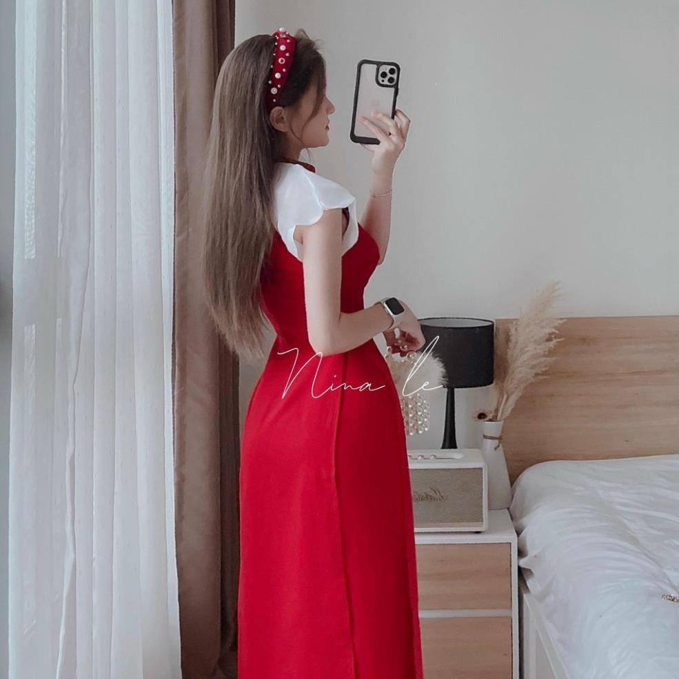 Set áo dài đỏ tay phối voan trắng bồng cánh tiên kèm quần suông đi chùa chúc tết nina lê