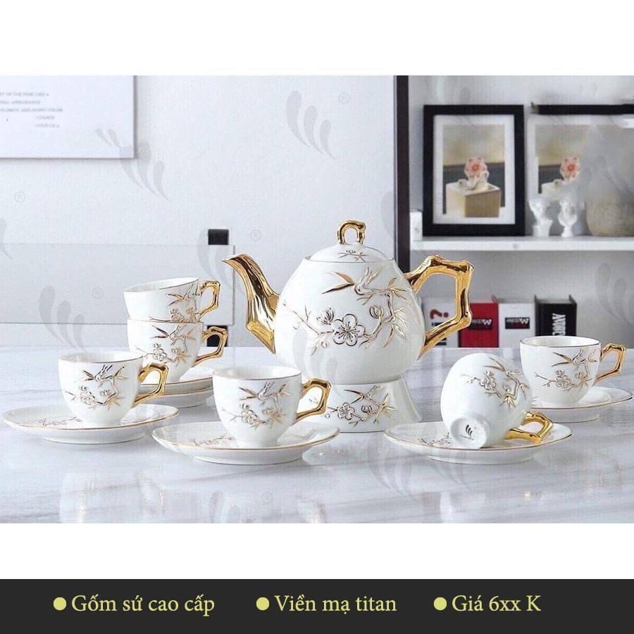 Bộ cốc chén pha trà trắng tay vàng ( Giao ngẫu nhiên)