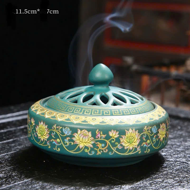 Lư trầm gốm vẽ men rồng và hoa sen