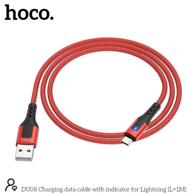 Cáp sạc Micro USB Hoco DU08/DU08 Plus, sạc nhanh 2.4A, dây bọc dù chống đứt, có đèn LED dài 1m/2m hàng chính hãng Hoco Mall Official