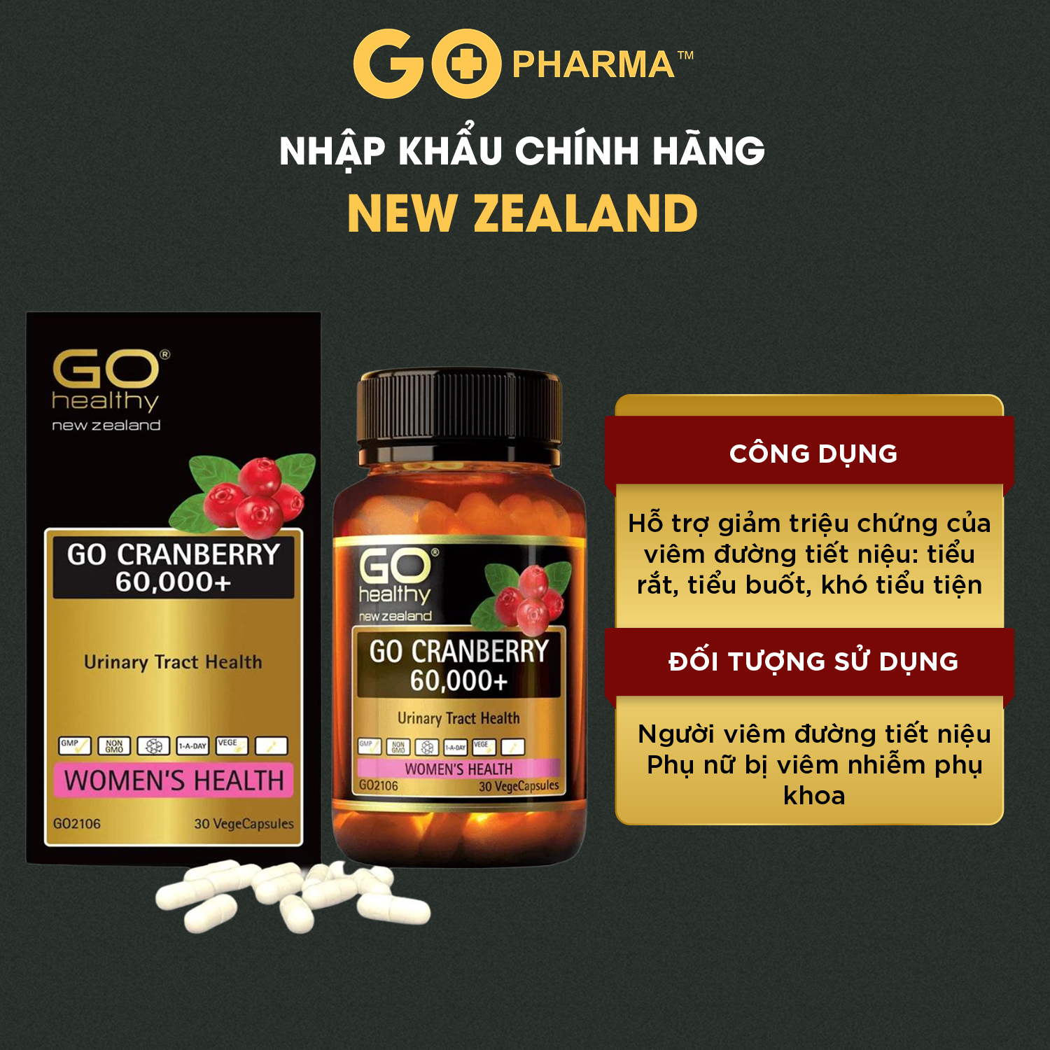 Viên uống viêm đường tiết niệu Go Cranberry nhập khẩu New Zealand - Go Healthy